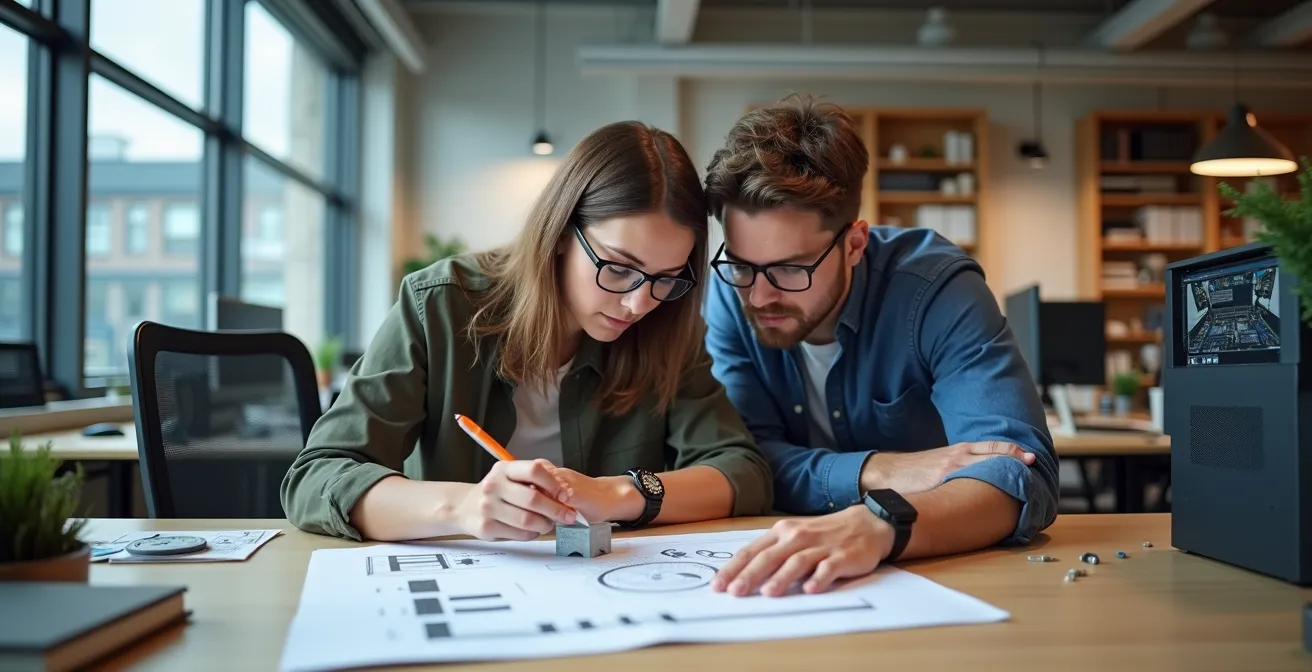 Ambiente di progettazione professionale con ingegneri che collaborano su progetto rigido-flessibile, monitor, modelli 3D, spazi di lavoro organizzati.