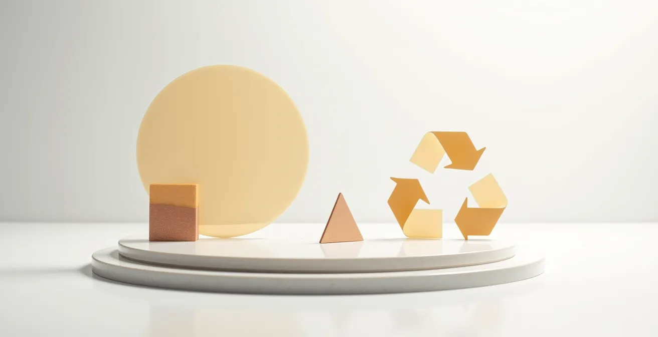 Rappresentazione astratta del ciclo di vita sostenibile di un PCB rigido-flessibile, dalla produzione al riciclaggio, in uno spazio pulito e minimalista.