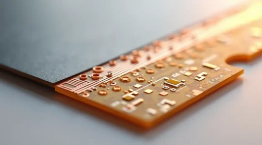 Un circuito stampato rigido-flessibile con componenti integrati, mostrando la transizione tra zone rigide e flessibili, illuminazione cinematografica professionale, stile fotografico editoriale di qualità rivista.