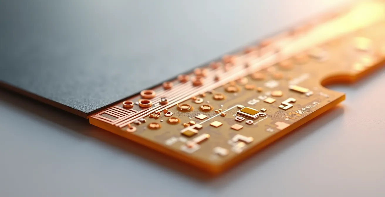 Un circuito stampato rigido-flessibile con componenti integrati, mostrando la transizione tra zone rigide e flessibili, illuminazione cinematografica professionale, stile fotografico editoriale di qualità rivista.