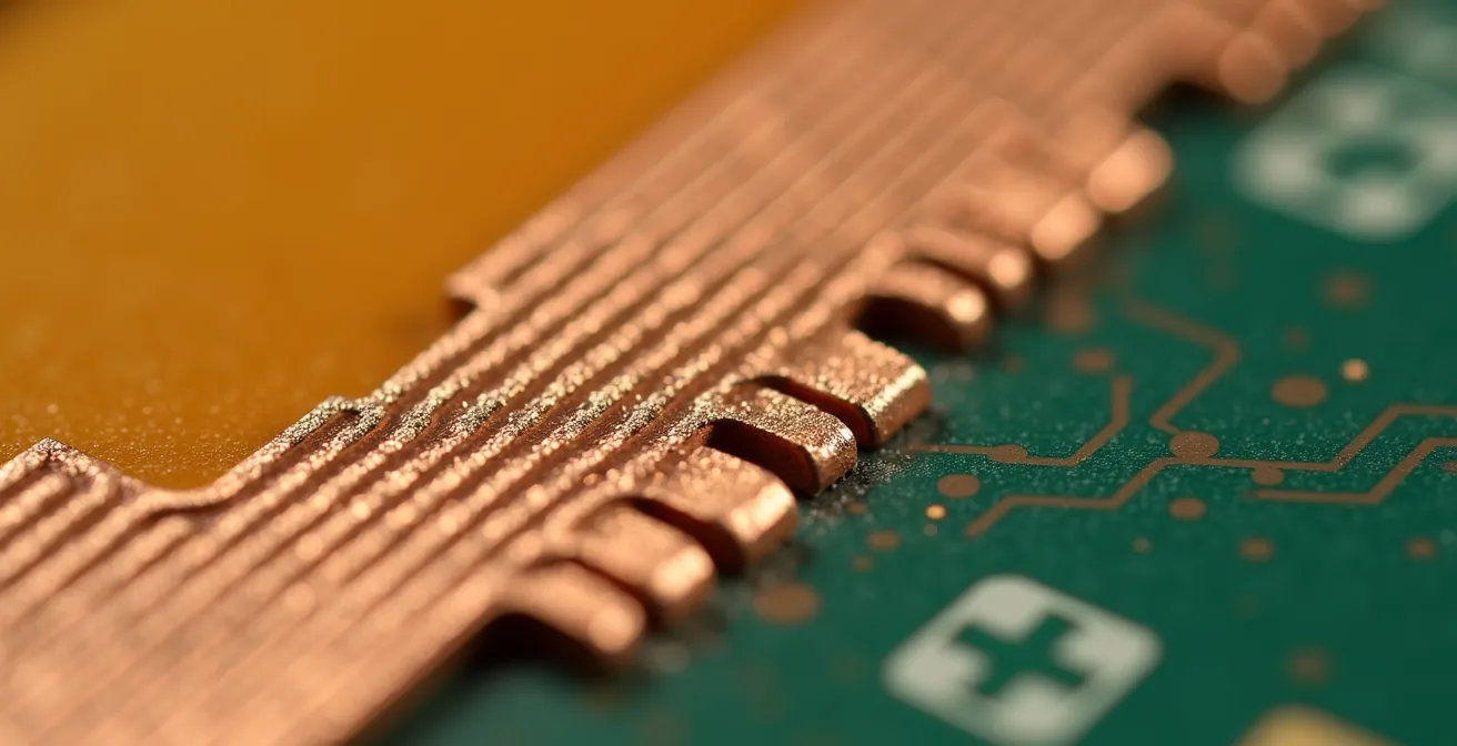Dettaglio microscopico di tracce di rame con impedenza controllata su sezione flessibile PCB, mostrando continuità metallica e texture di superficie.
