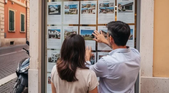 Potenziali clienti osservano annunci immobiliari esposti nella vetrina di un'agenzia italiana