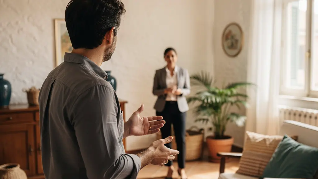 Visita immobiliare in appartamento luminoso con agente e potenziale acquirente