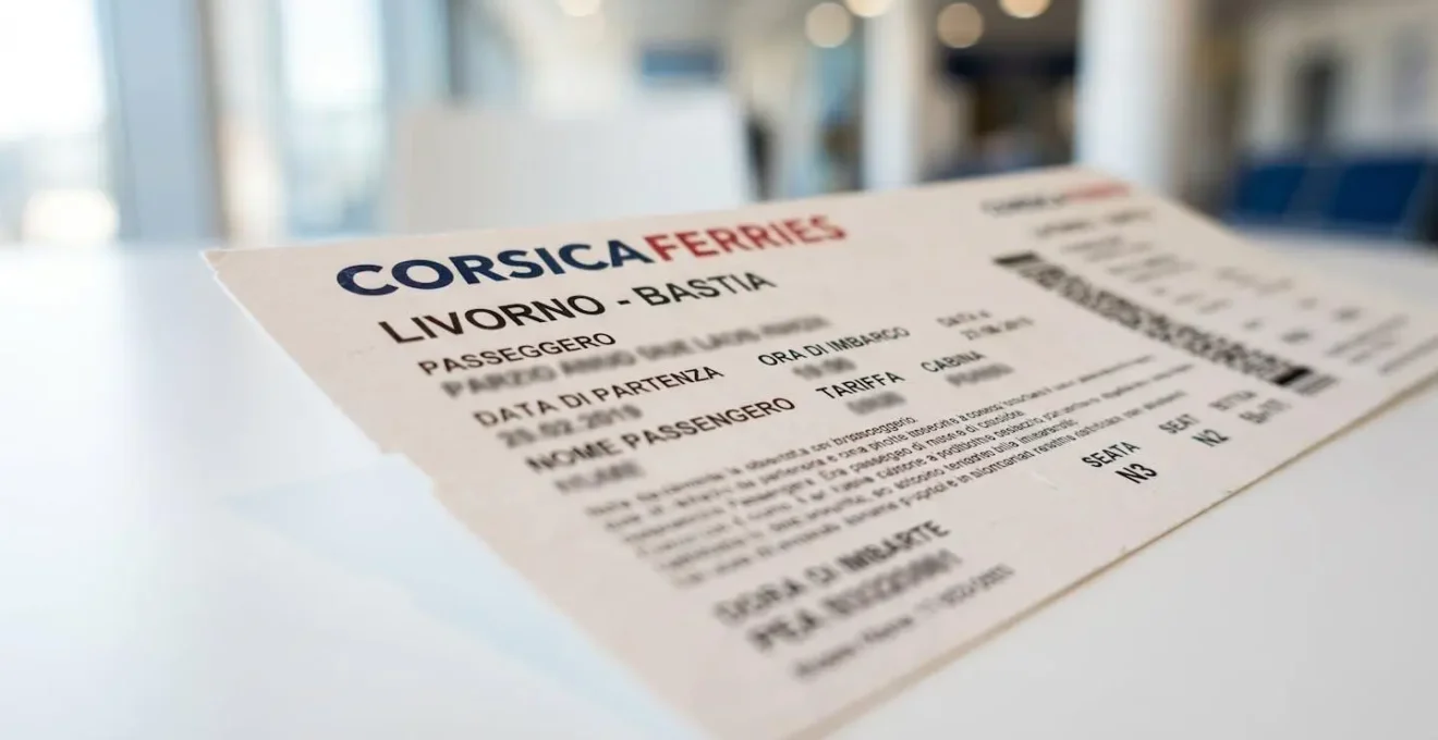 Primo piano ravvicinato di un biglietto di traghetto per la Corsica appoggiato su una superficie pulita con sfondo sfocato