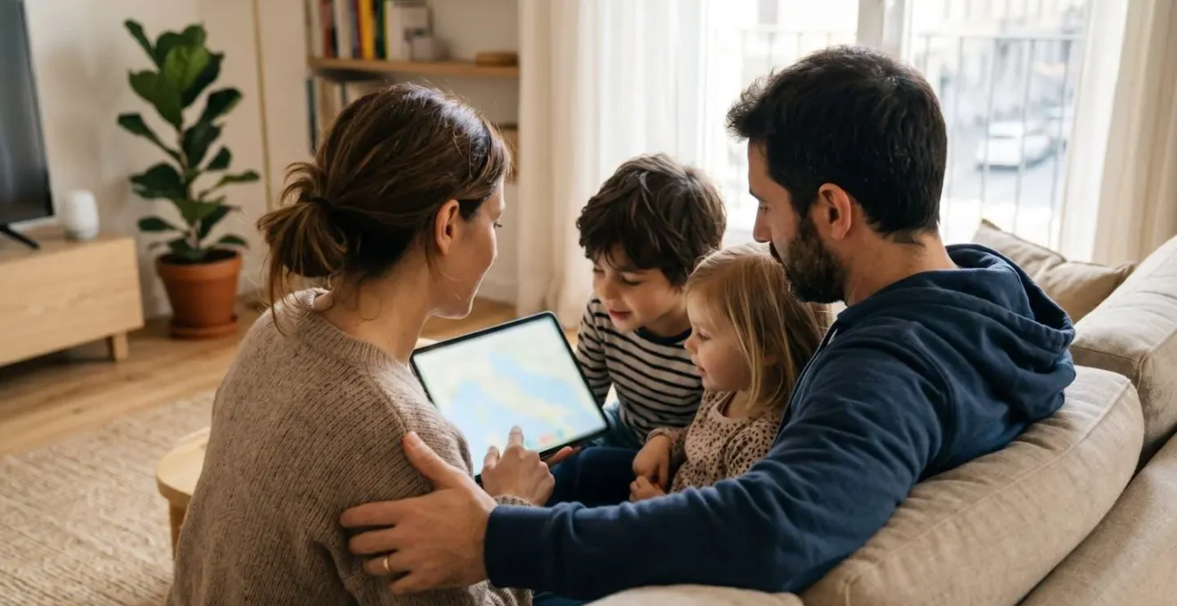 Una famiglia italiana con due bambini osserva un tablet insieme per pianificare un viaggio, ambiente domestico luminoso