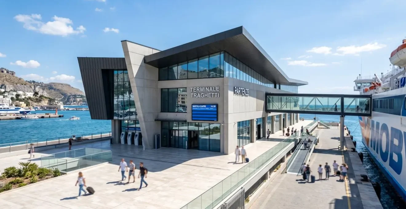 Ampio terminal moderno di un porto italiano con architettura contemporanea, luce naturale abbondante e linee pulite