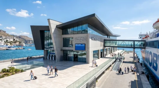 Ampio terminal moderno di un porto italiano con architettura contemporanea, luce naturale abbondante e linee pulite
