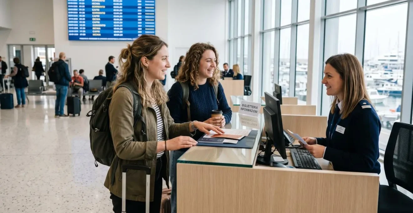 Due viaggiatori interagiscono al banco informazioni di un terminal traghetti moderno, scena naturale di profilo